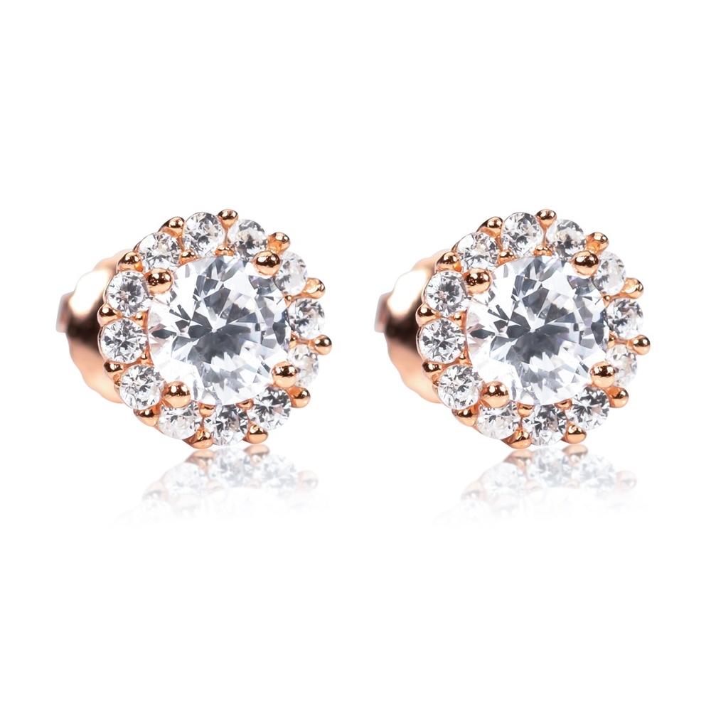 Rose Gold Round Cut Halo Pretty Best Silver Unisex Small Stud Screwback Earrings